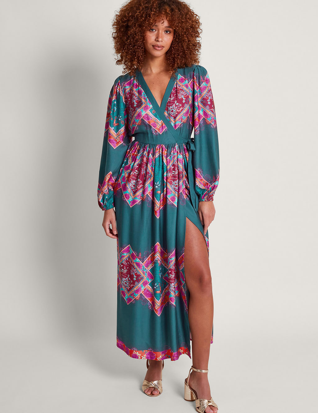 Printed V-Neck Maxi Wrap Dress