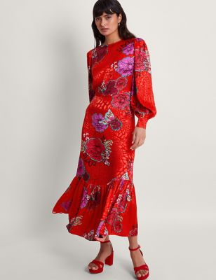 Monsoon Women's Floral Midaxi Tea Dress - 12 - Red, Red