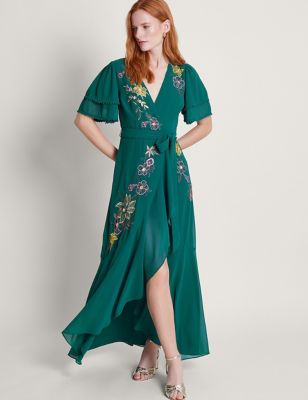 Monsoon Womens Floral Embroidered V-Neck Maxi Wrap Dress - 10 - Teal Mix, Teal Mix