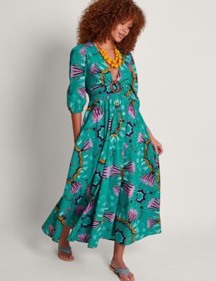 Monsoon Womens Pure Cotton Printed V-Neck Midaxi Dress - Teal Mix, Teal Mix