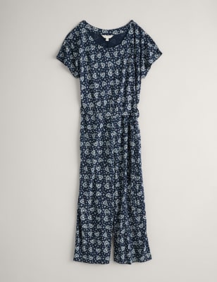 Seasalt Cornwall Womens Cotton Rich Floral Cropped Wide Leg Jumpsuit - 26-28 - Navy, Navy
