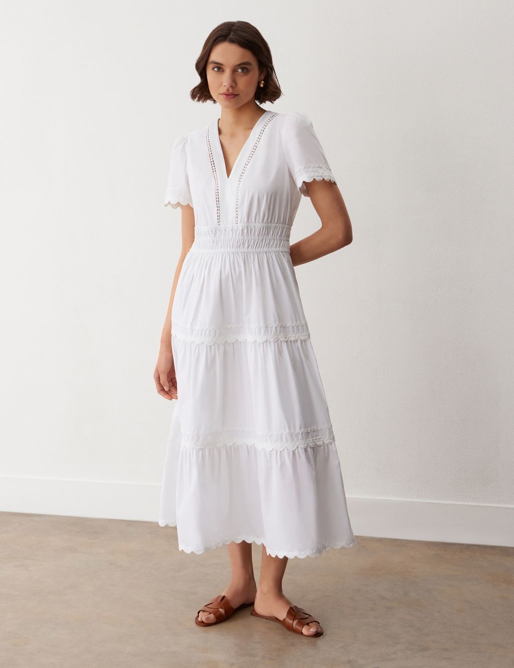 Pure Cotton V-Neck Midi Tiered Dress