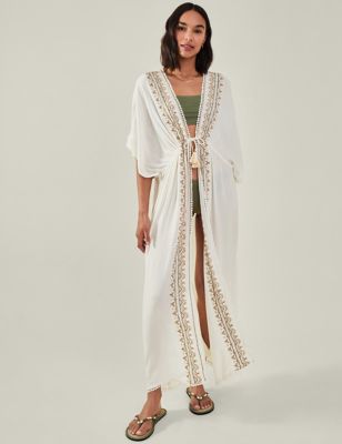 Accessorize Women's Embroidered Tie Front Maxi Kimono Dress - XS - Ivory Mix, Ivory Mix
