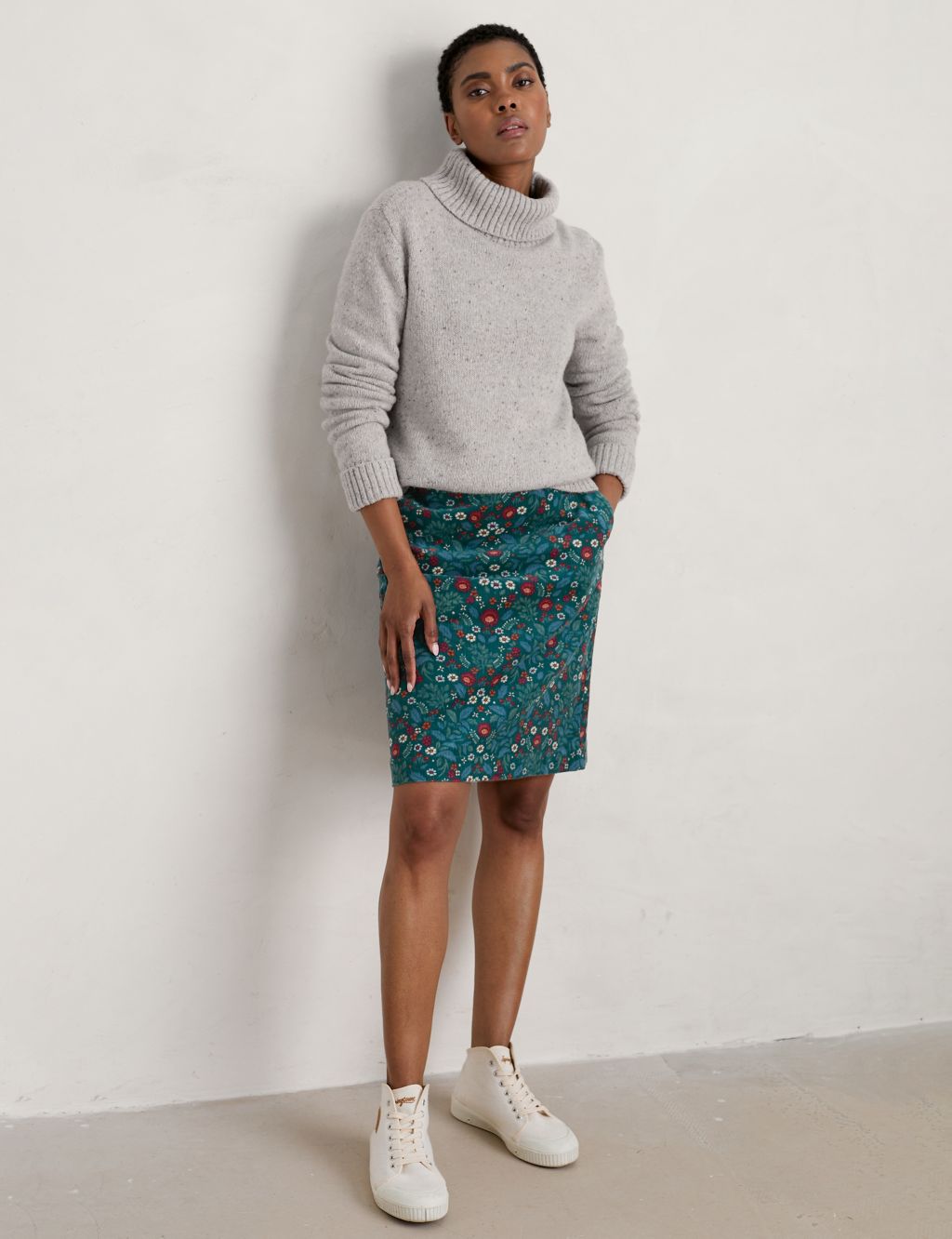 Cord Floral Knee Length A-Line Skirt