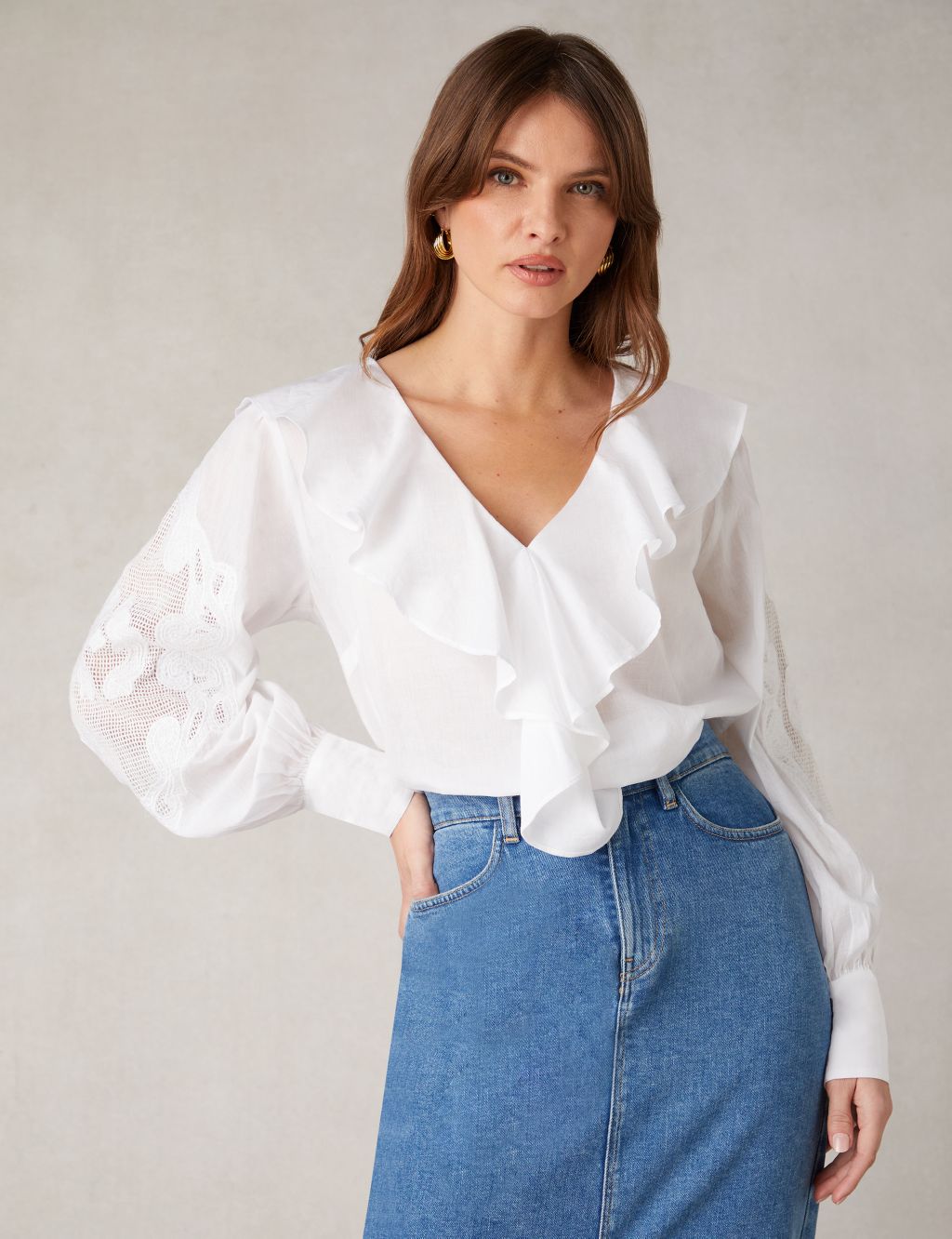 Pure Cotton Embroidered V-Neck Blouse