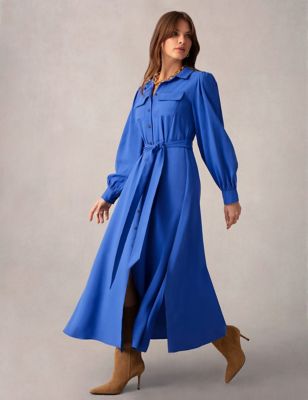 Ro&Zo Women's Tie Waist Button Through Midaxi Shirt Dress - 14PET - Blue, Blue
