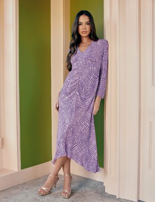 Ro&Zo Women's Printed V-Neck Midaxi Waisted Dress - 10PET - Purple Mix, Purple Mix