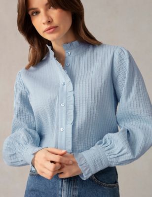 Ro&Zo Women's Pure Cotton Textured High Neck Blouse - 14 - Light Blue, Light Blue,White