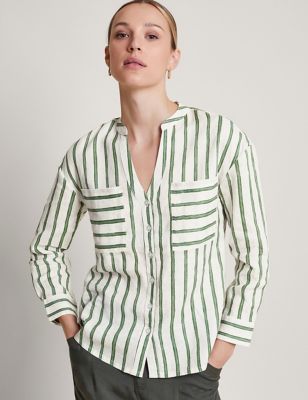 Monsoon Women's Pure Linen Striped Button Through Shirt - XL - Green Mix, Green Mix
