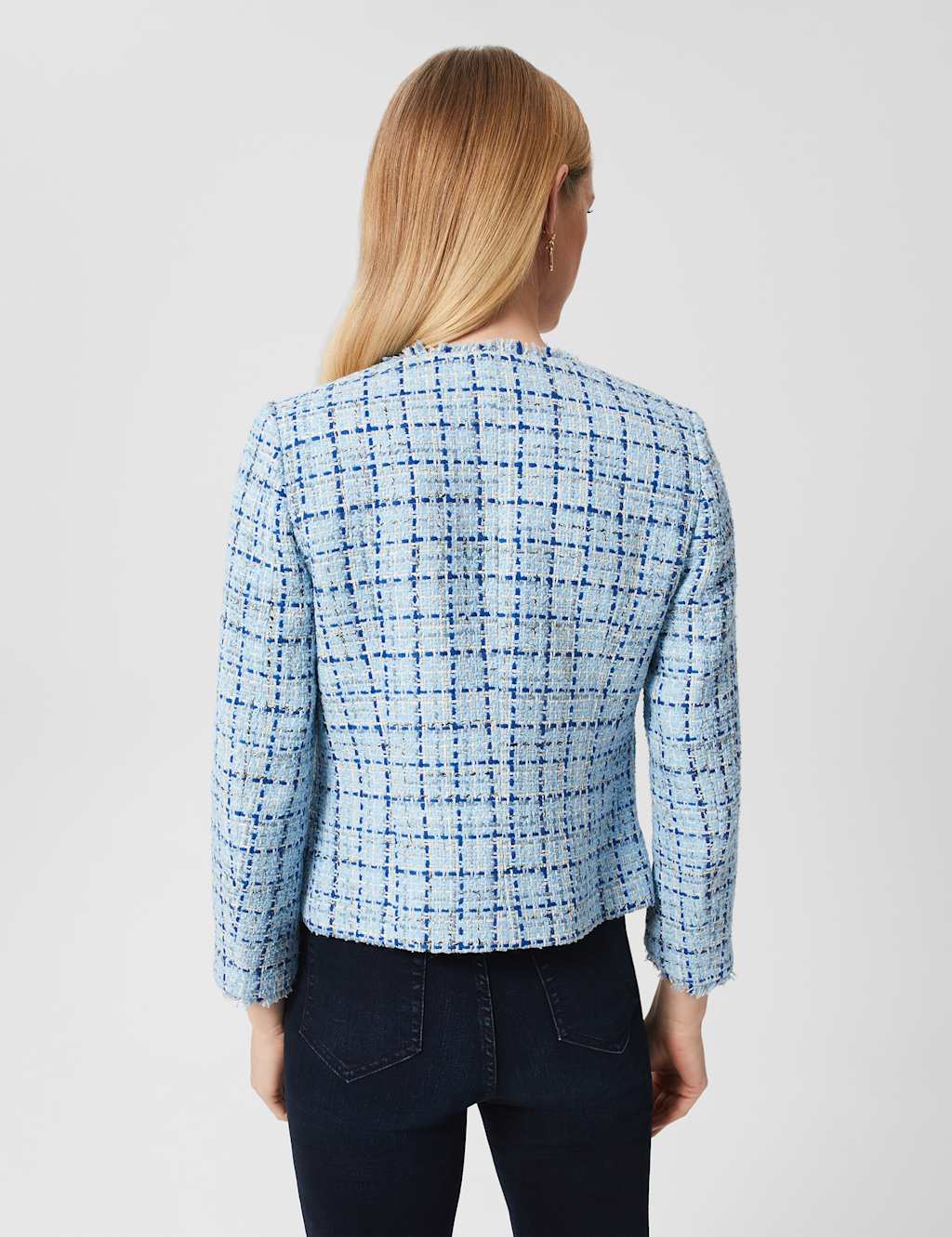 Tweed Checked Collarless Short Jacket image 3