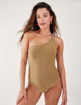Accessorize Womens Metallic One Shoulder Swimsuit - 12 - Gold, Gold