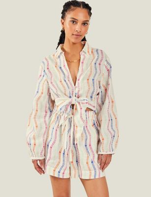 Accessorize Womens Pure Cotton Striped Tie Front Shirt - XL - Multi, Multi