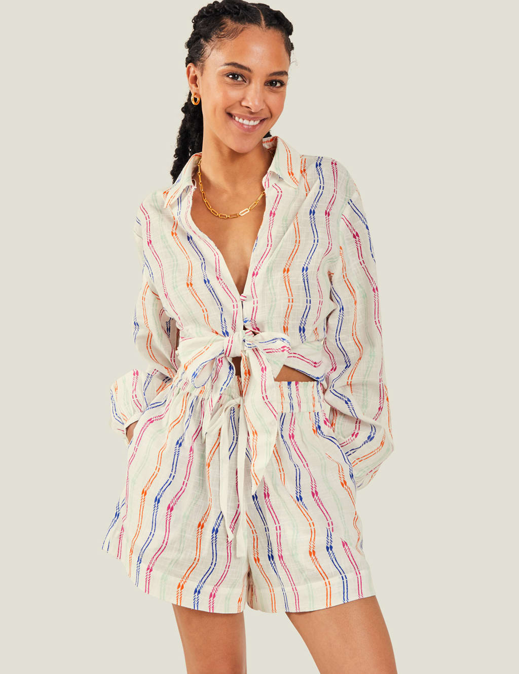 Wave Stripe Patchwork Tops High Waist Shorts Set