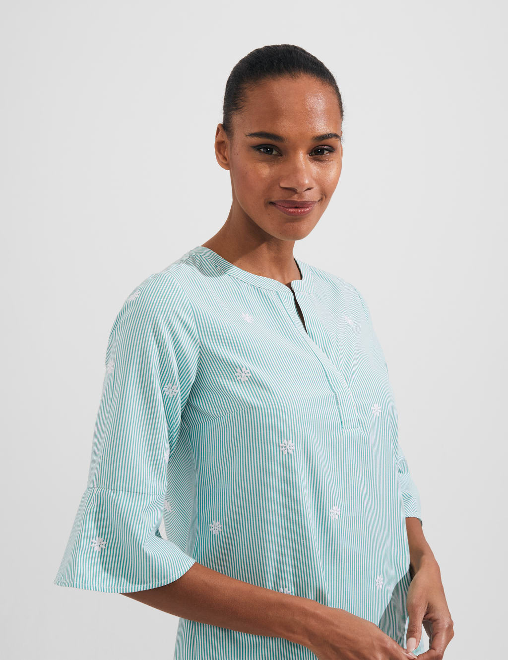Striped Floral V-Neck Blouse with Cotton image 2