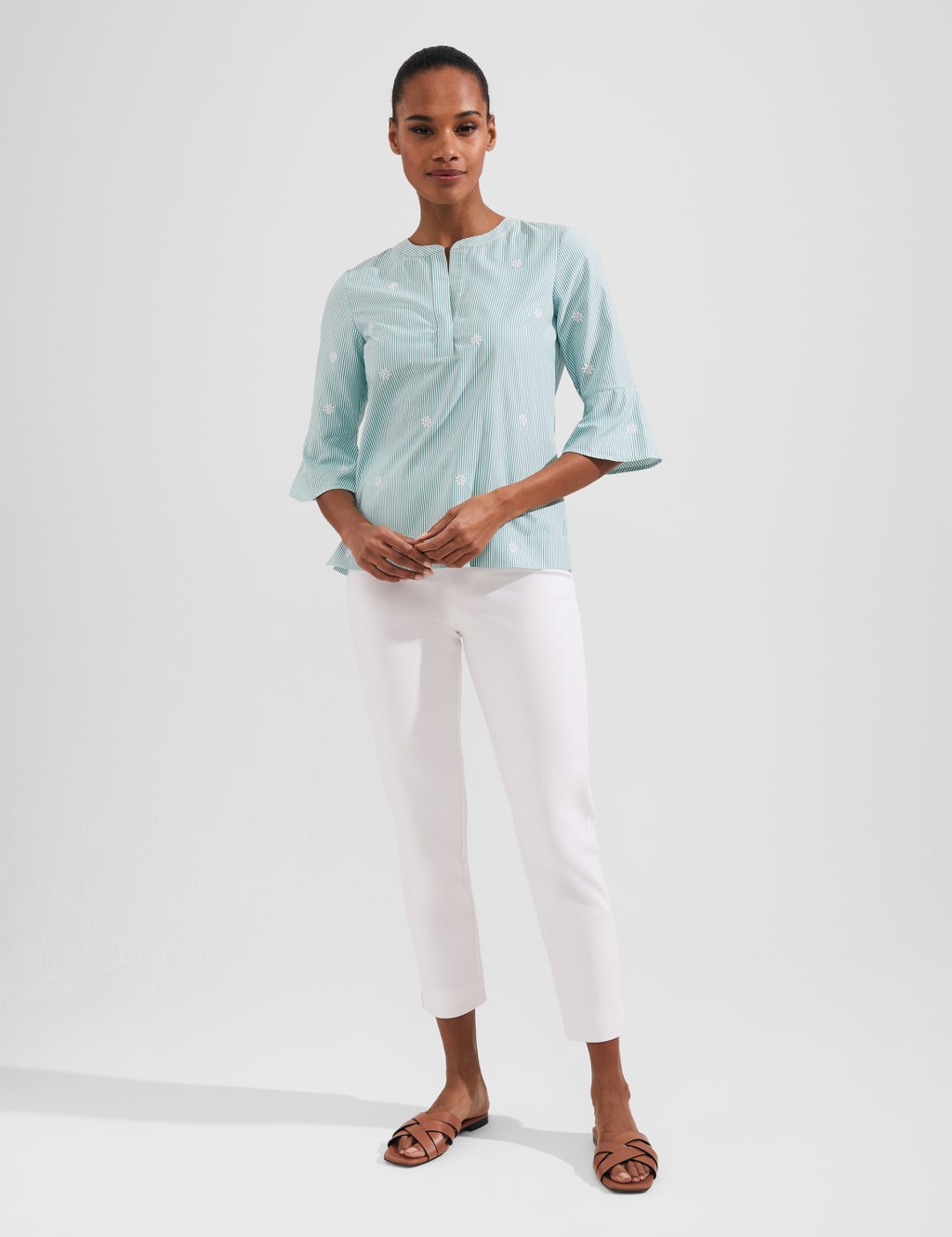 Striped Floral V-Neck Blouse with Cotton image 3