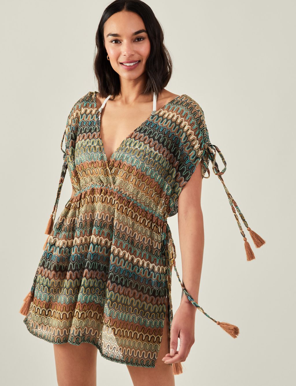 Crochet V-Neck Mini Kaftan Dress