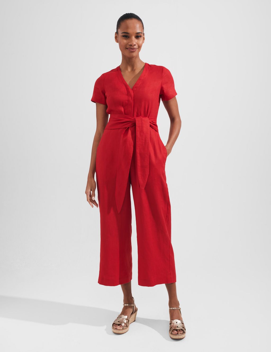 Pure Linen Belted Cropped Jumpsuit image 1
