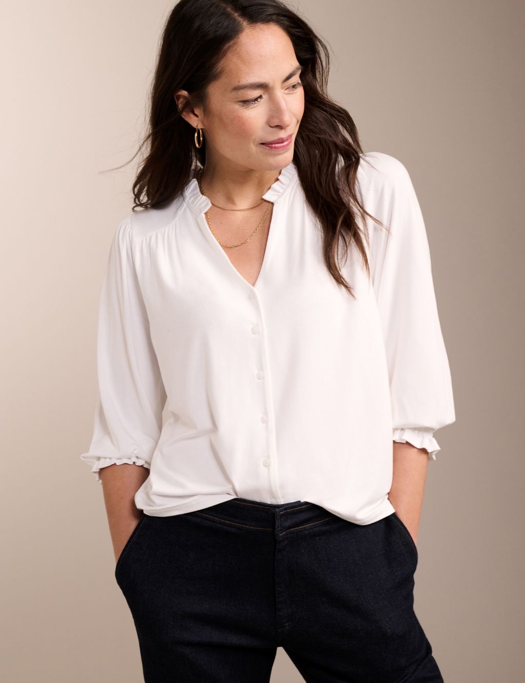 Notch Neck Frill Detail Relaxed Blouse