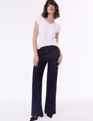 Baukjen Womens Mid Rise Button Detail Wide Leg Jeans - 18 - Blue Denim, Blue Denim