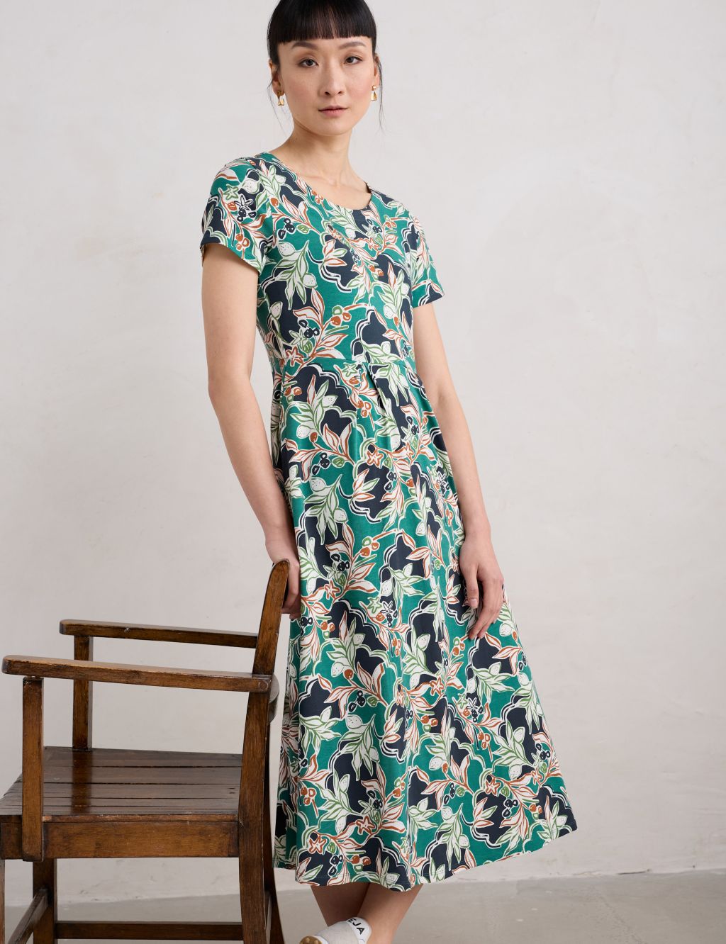 Cotton Rich Floral Midi Waisted Dress