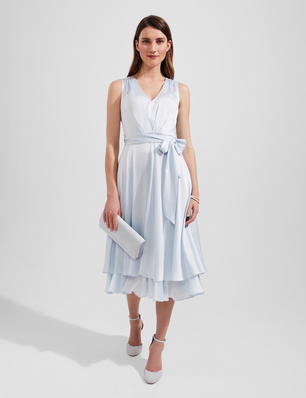 Satin V-Neck Tie Waist Midi Swing Dress image 1