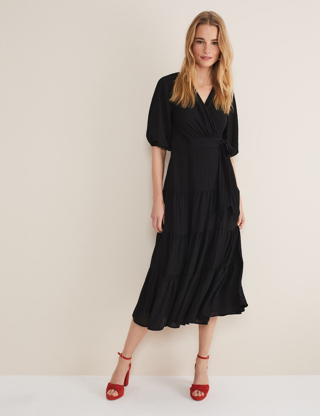 V-Neck Tie Waist Midi Wrap Dress