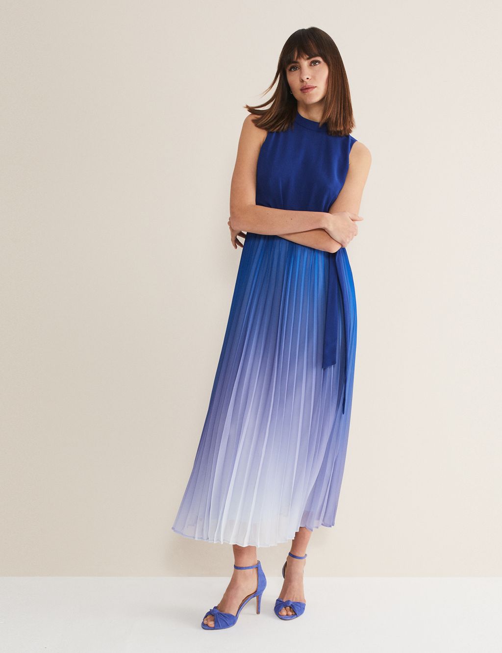 Ombre High Neck Pleated Maxi Waisted Dress image 1