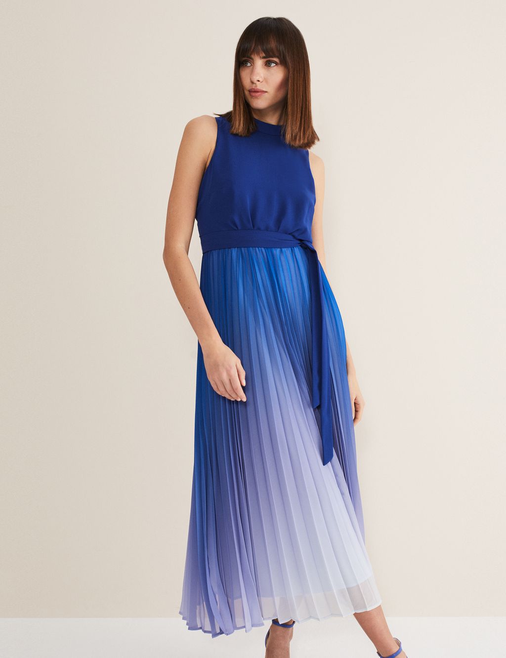 Ombre High Neck Pleated Maxi Waisted Dress image 3