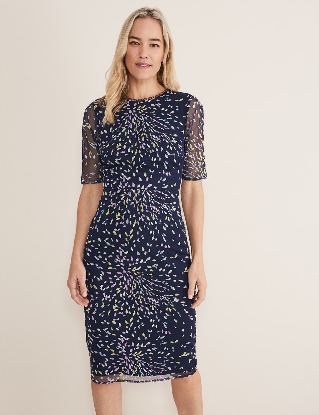 Embroidered Round Neck Midi Tailored Dress