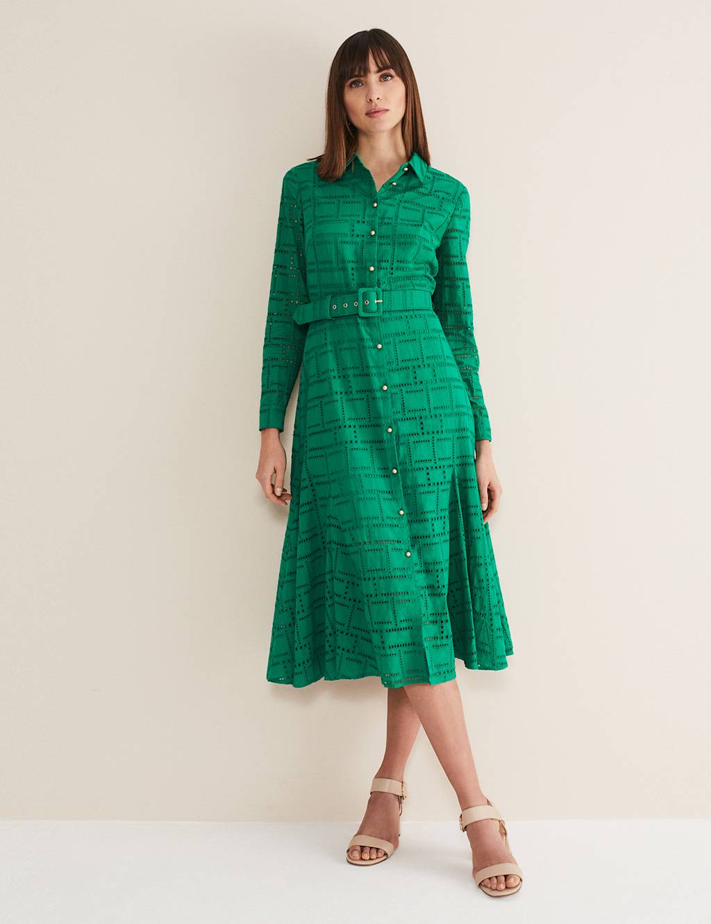 Pure Cotton Broderie Midi Shirt Dress image 2
