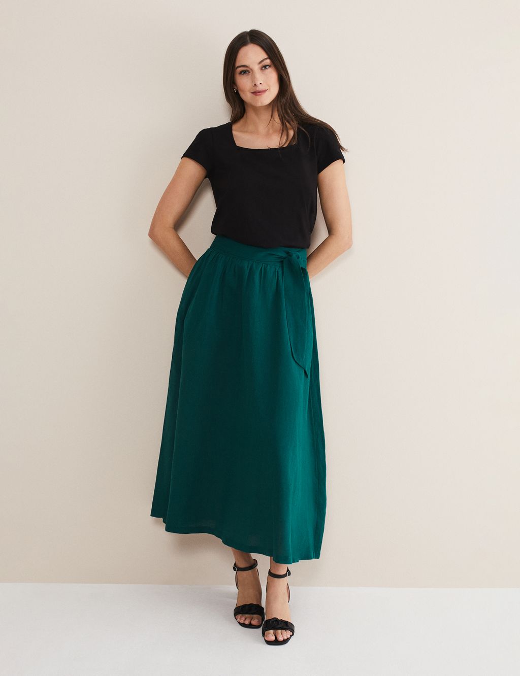 Pure Linen Belted Maxi Utility Skirt image 1