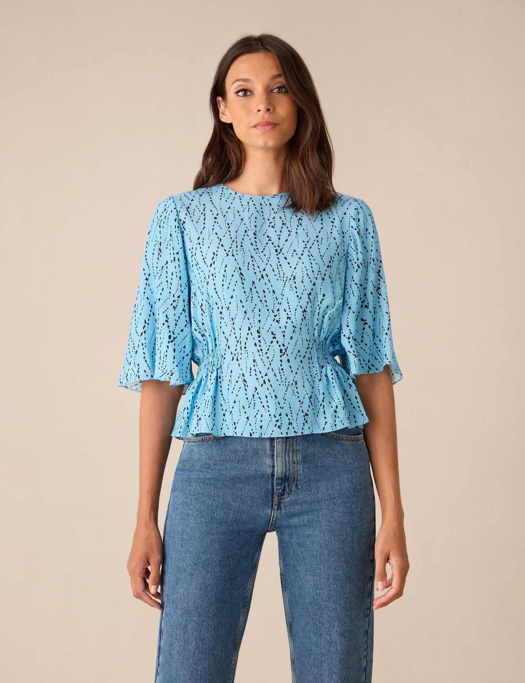 Printed Round Neck Relaxed Angel Sleeve Top