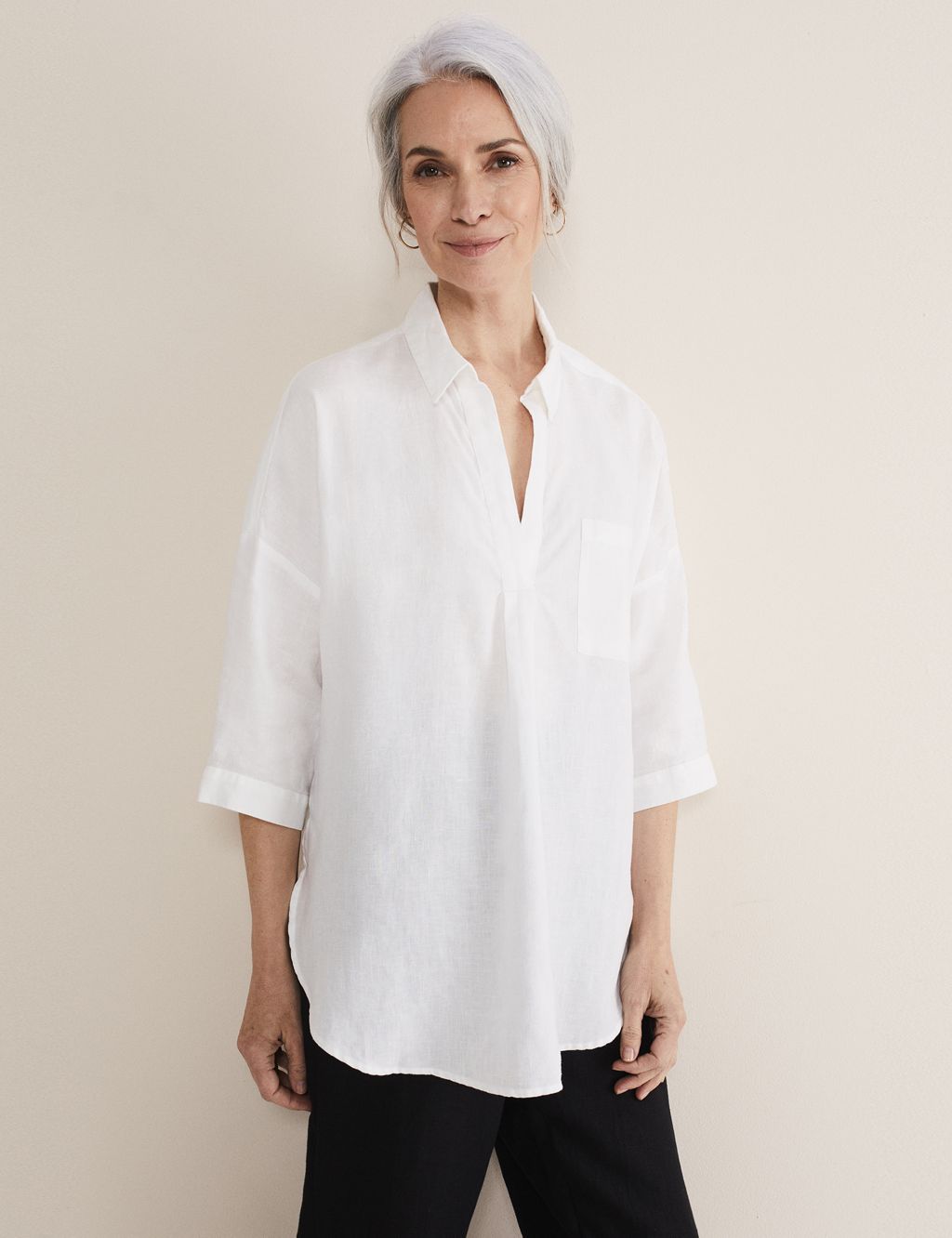 Pure Linen Collared V-Neck Relaxed Shirt image 1