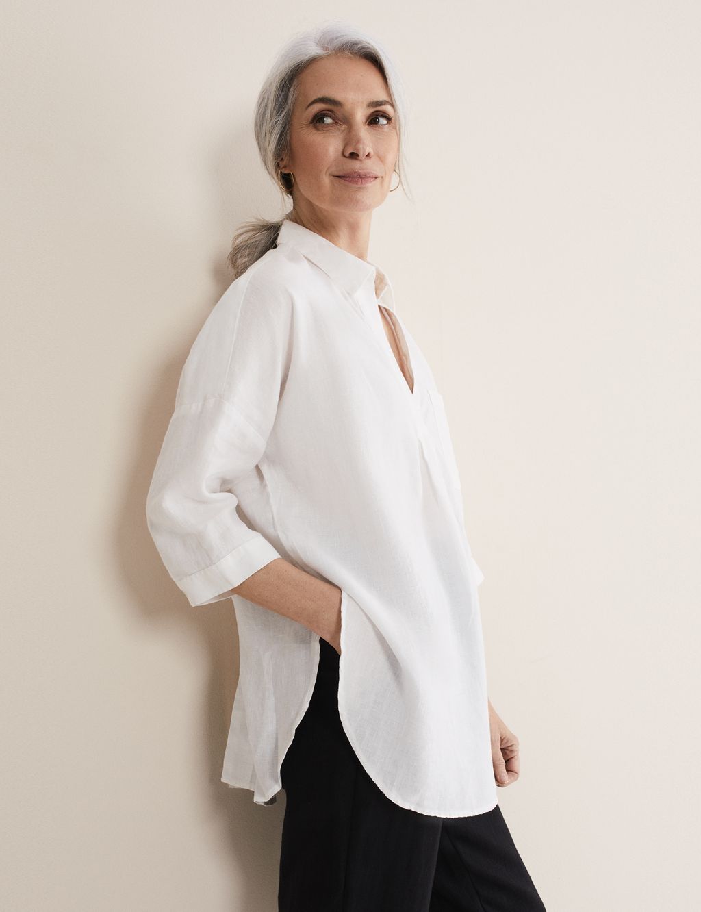 Pure Linen Collared V-Neck Relaxed Shirt image 2