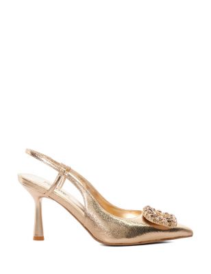 Dune London Womens Brooch Front Stiletto Heel Slingback Shoes - 3 - Gold, Gold