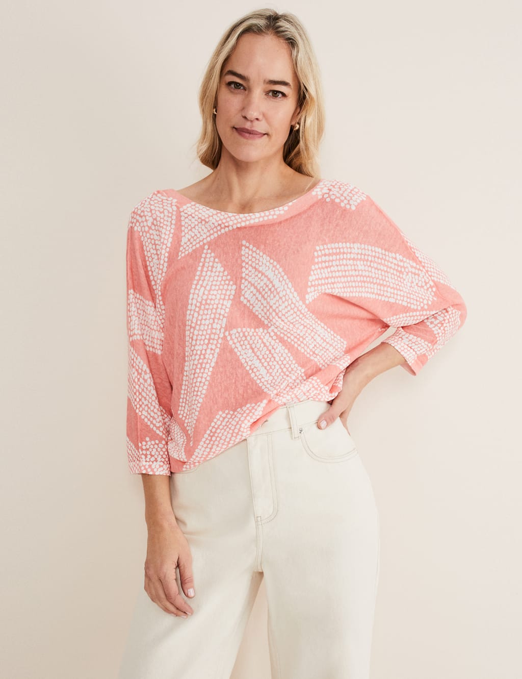 Linen Rich Patterned Slash Neck Knitted Top image 1