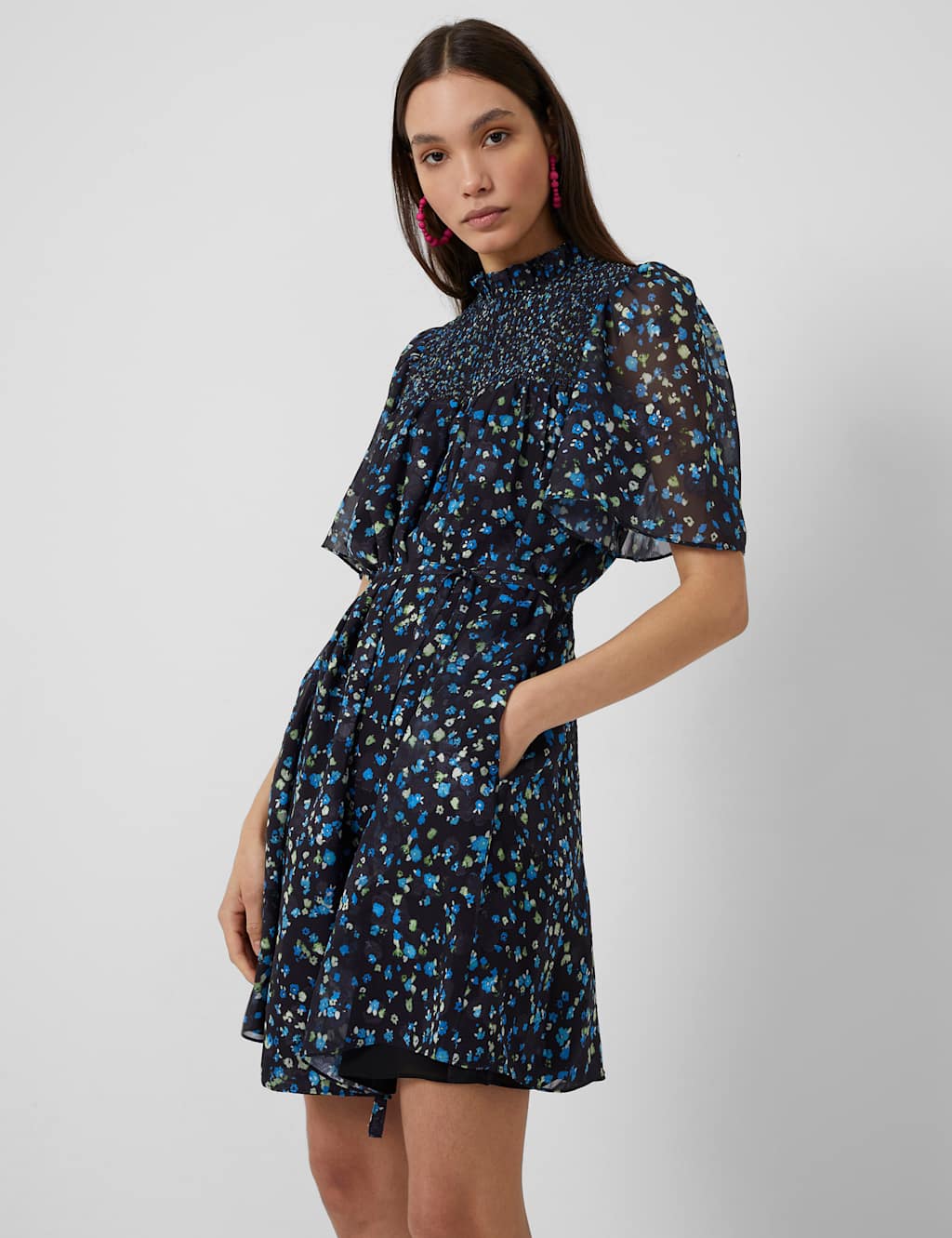 Floral High Neck Mini Smock Dress image 2