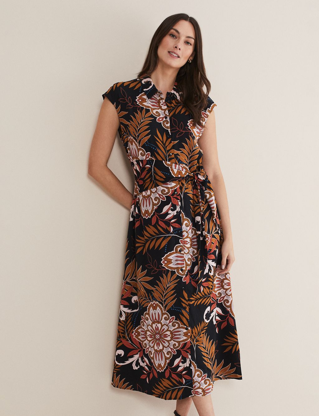 Printed Tie Front Midaxi Waisted Dress image 1