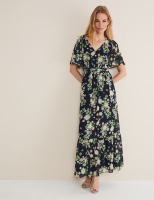 Phase Eight Women's Floral V-Neck Belted Maxi Tiered Dress - 8 - Navy Mix, Navy Mix