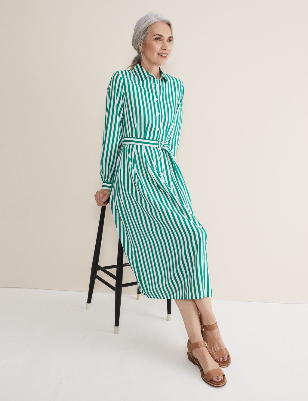 Striped Belted Midi Shirt Dress image 1