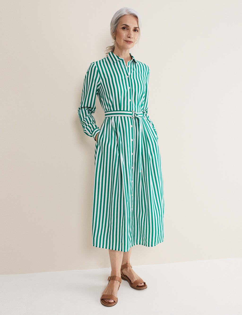 Striped Belted Midi Shirt Dress image 3
