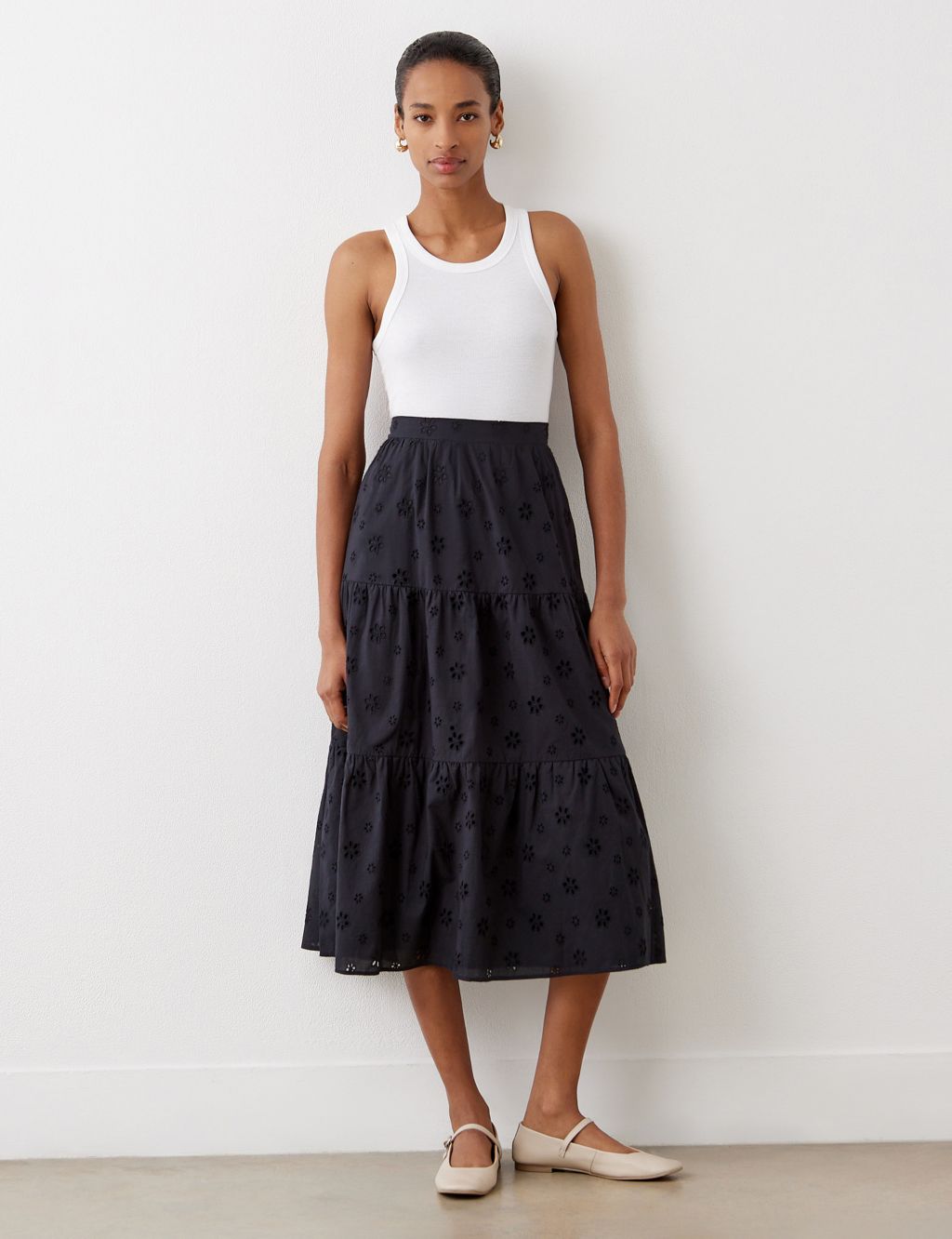 Pure Cotton Broderie Midi Tiered Skirt