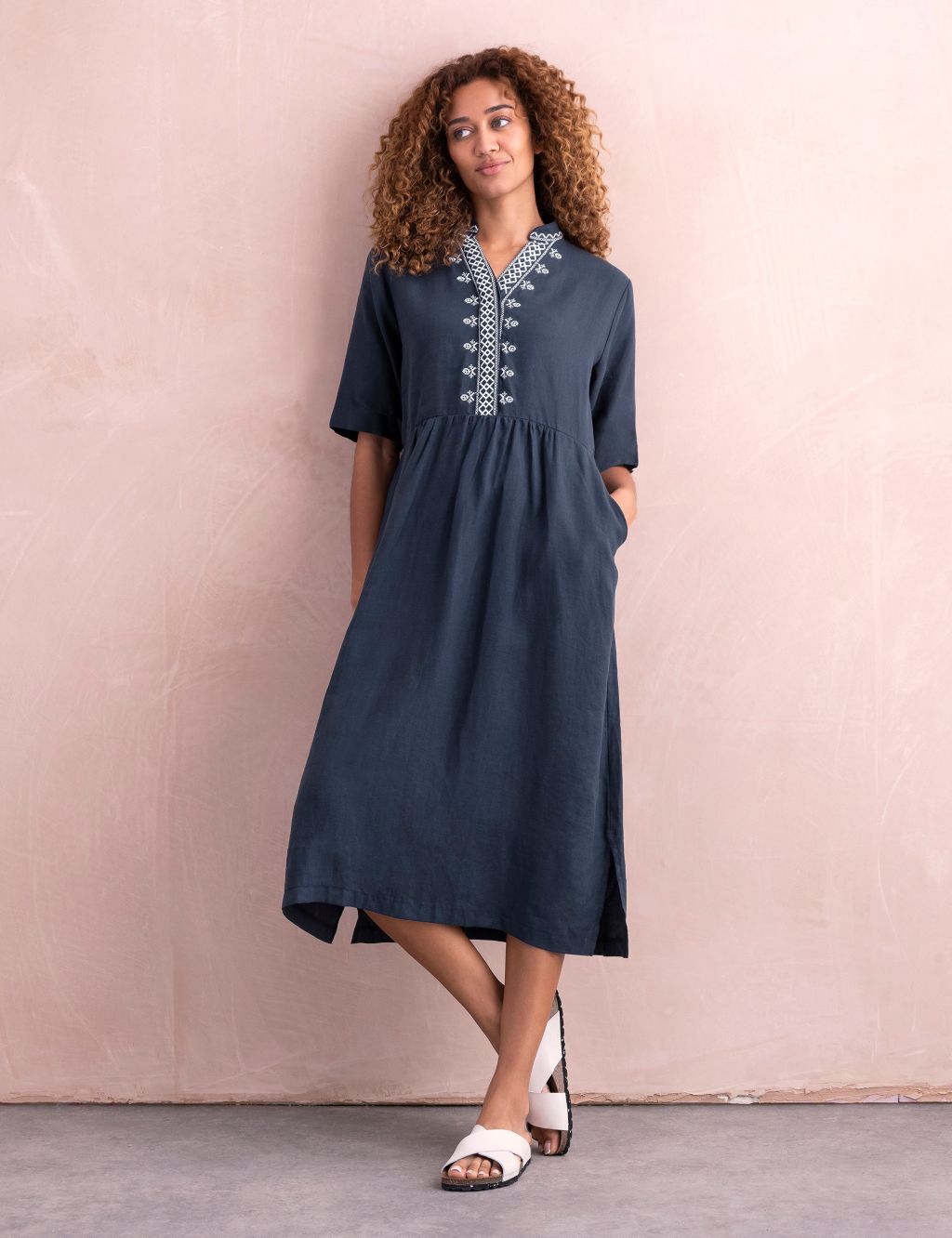 Pure Linen Embroidered Midi Waisted Dress