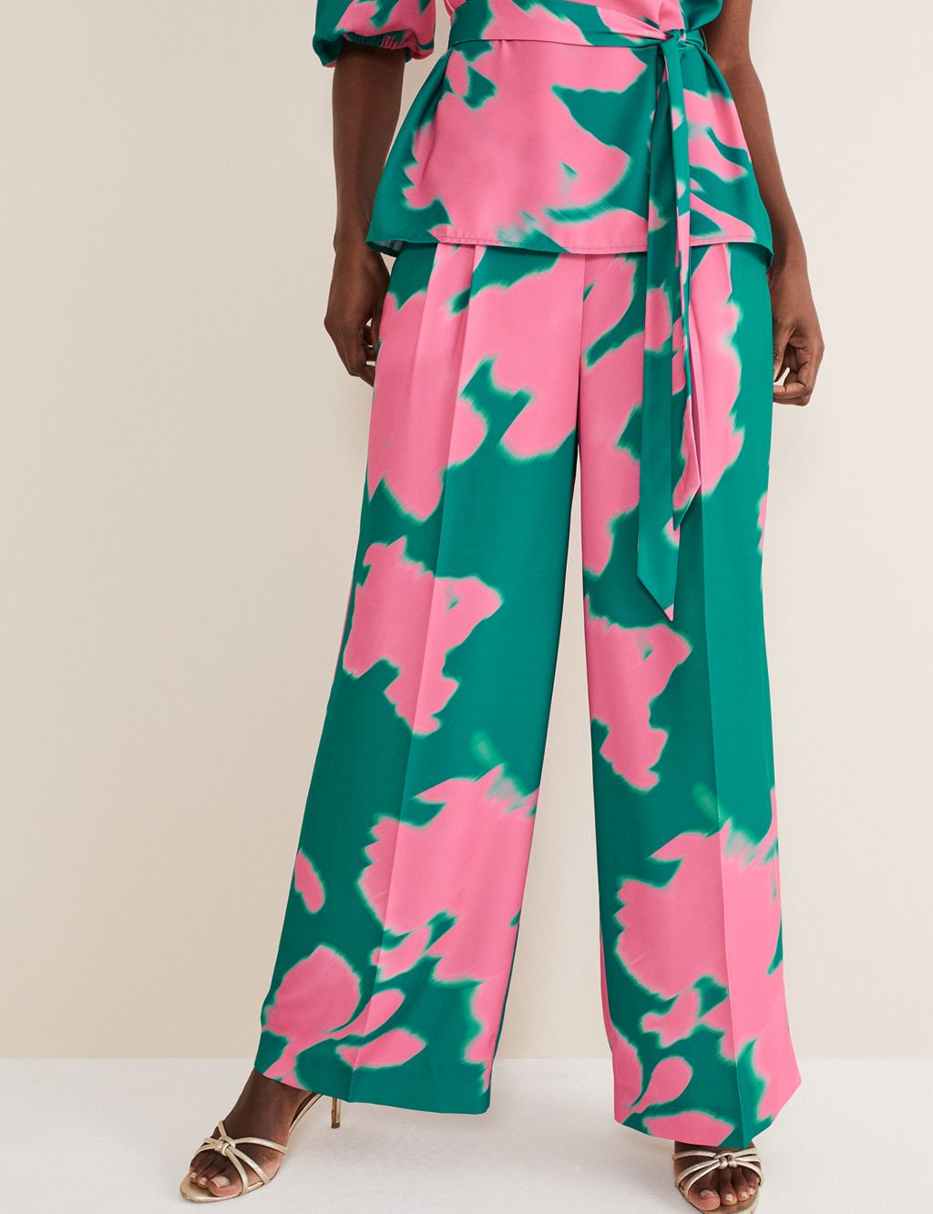 Printed Pleat Front Wide Leg Trousers image 1