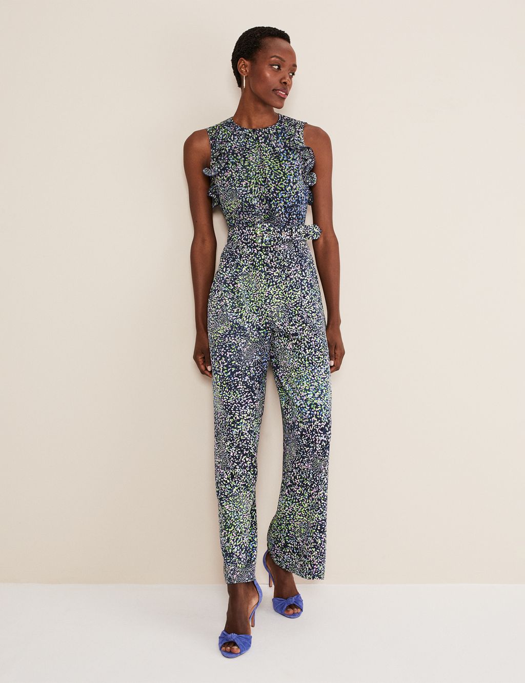 Printed Belted Sleeveless Wide Leg Jumpsuit image 1