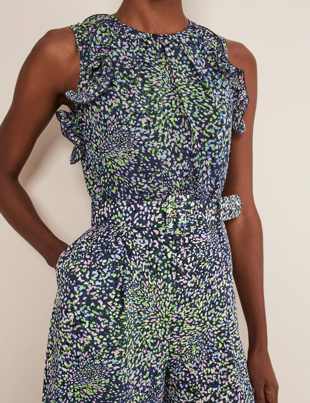 Printed Belted Sleeveless Wide Leg Jumpsuit image 6