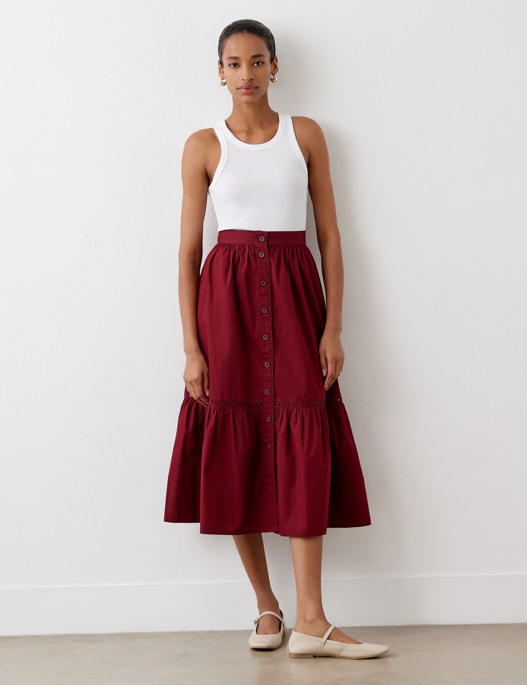 Pure Cotton Button Front Midi Tiered Skirt
