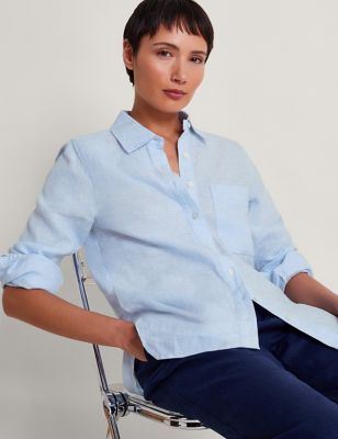 Monsoon Womens Pure Linen Collared Shirt - M - Blue, Blue