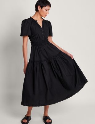 Monsoon Women's Pure Cotton Notch Neck Midi Waisted Dress - Black, Black