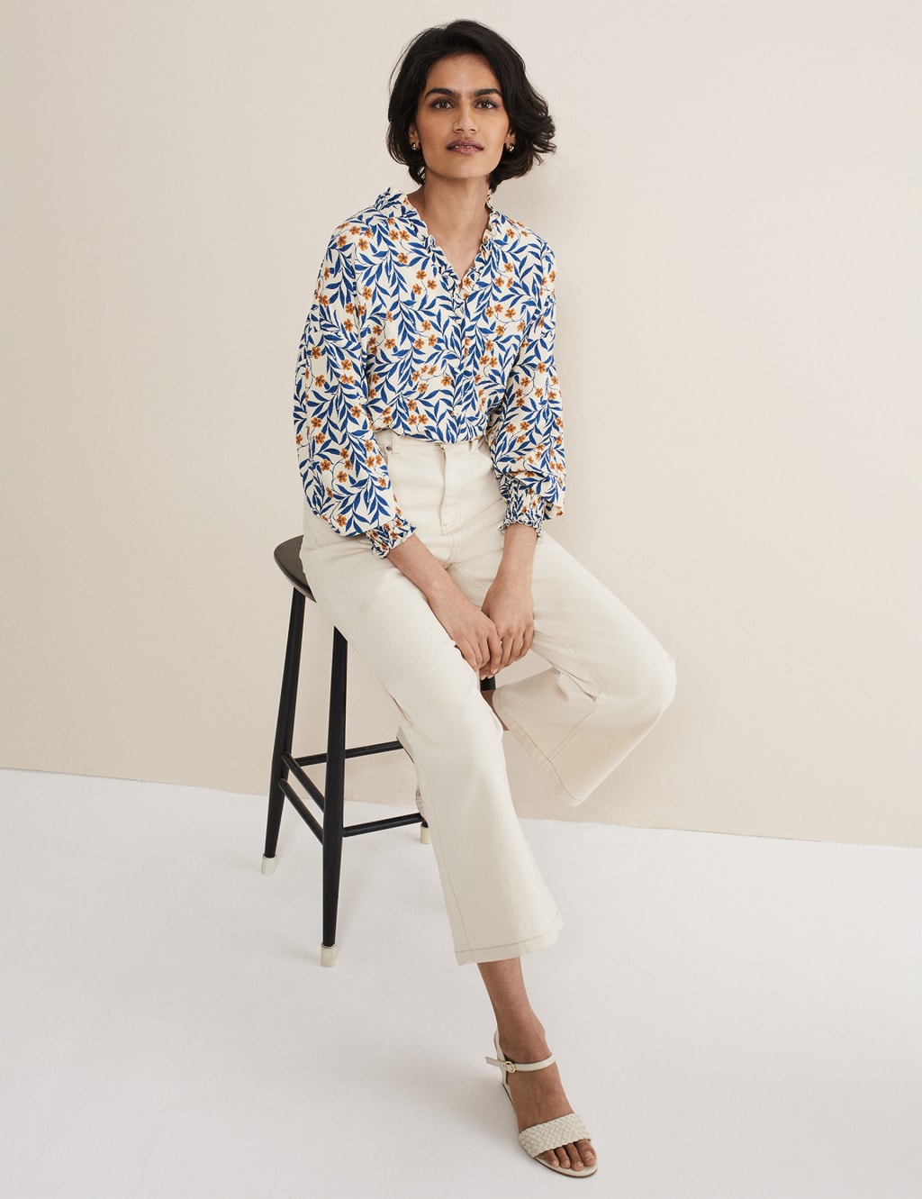 Floral Textured V-Neck Frill Detail Blouse image 1